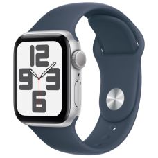 Apple Watch SE 2023, 40 мм, корпус из алюминия серебристого цвета, спортивный ремешок цвета «грозовой синий», размер S/M