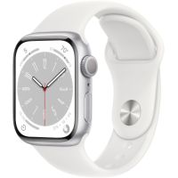 Apple Watch Series 8, 41 мм, корпус из алюминия серебристого цвета, спортивный ремешок белого цвета